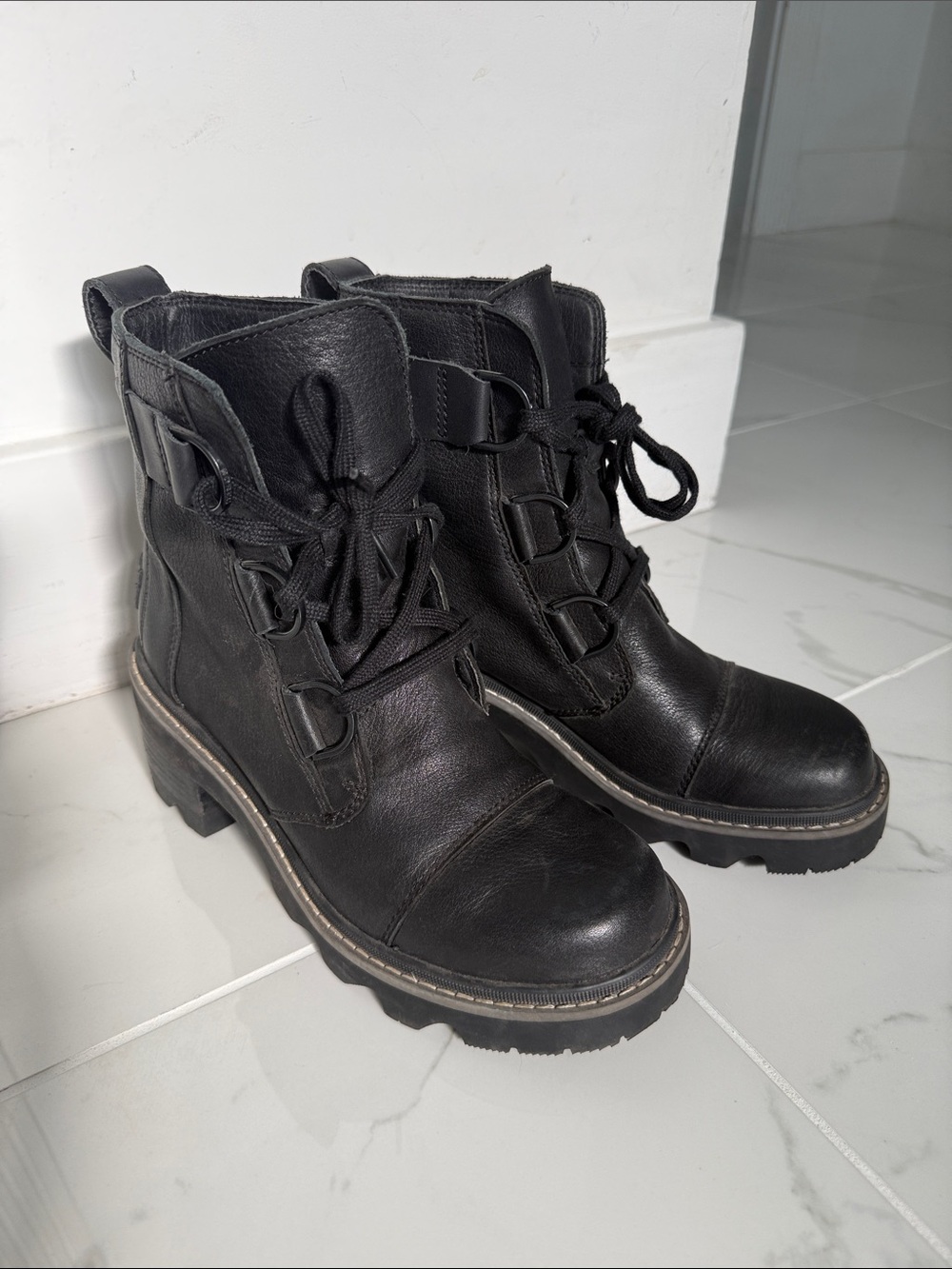 Sorel Black Leather Lace-Up Combat Boots